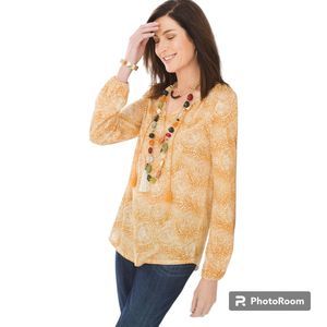 Chicos Endless Medallions Peasant Top with Tassel Closure Womens Size M 8